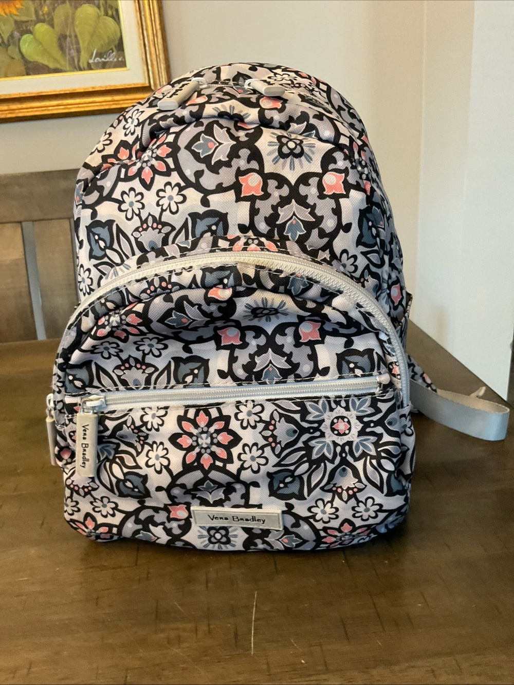 Vera Bradley Compact Backpack Lighten Up Grey Purple Mimosa Medallion Floral